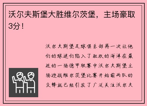 沃尔夫斯堡大胜维尔茨堡，主场豪取3分！